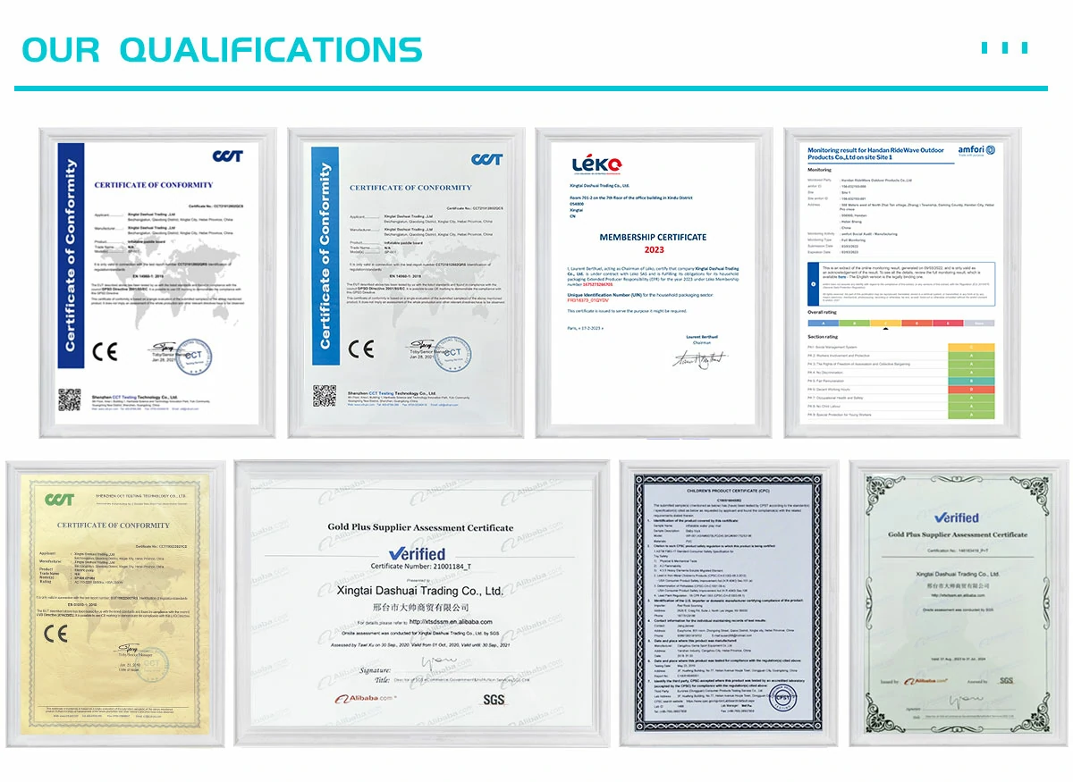 ISO9001 BSCI CE TUV REACH certifications for RIDEWAVE inflatable SUP export to USA EU Canada Australia ISO9001 BSCI CE TUV REACH certifications for RIDEWAVE inflatable SUP export to USA EU Canada Australia