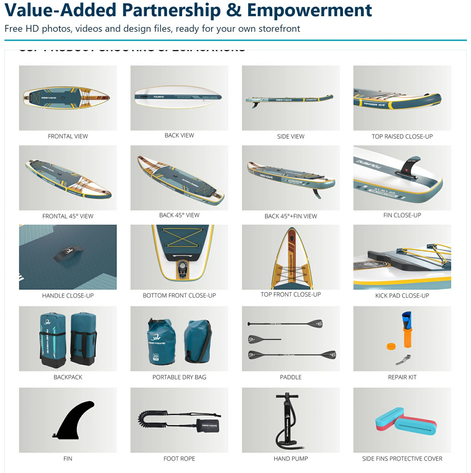 RIDEWAVE ready marketing materials pack, high-res photos videos for inflatable SUP distributor online and offline sales RIDEWAVE ready marketing materials pack, high-res photos videos for inflatable SUP distributor online and offline sales