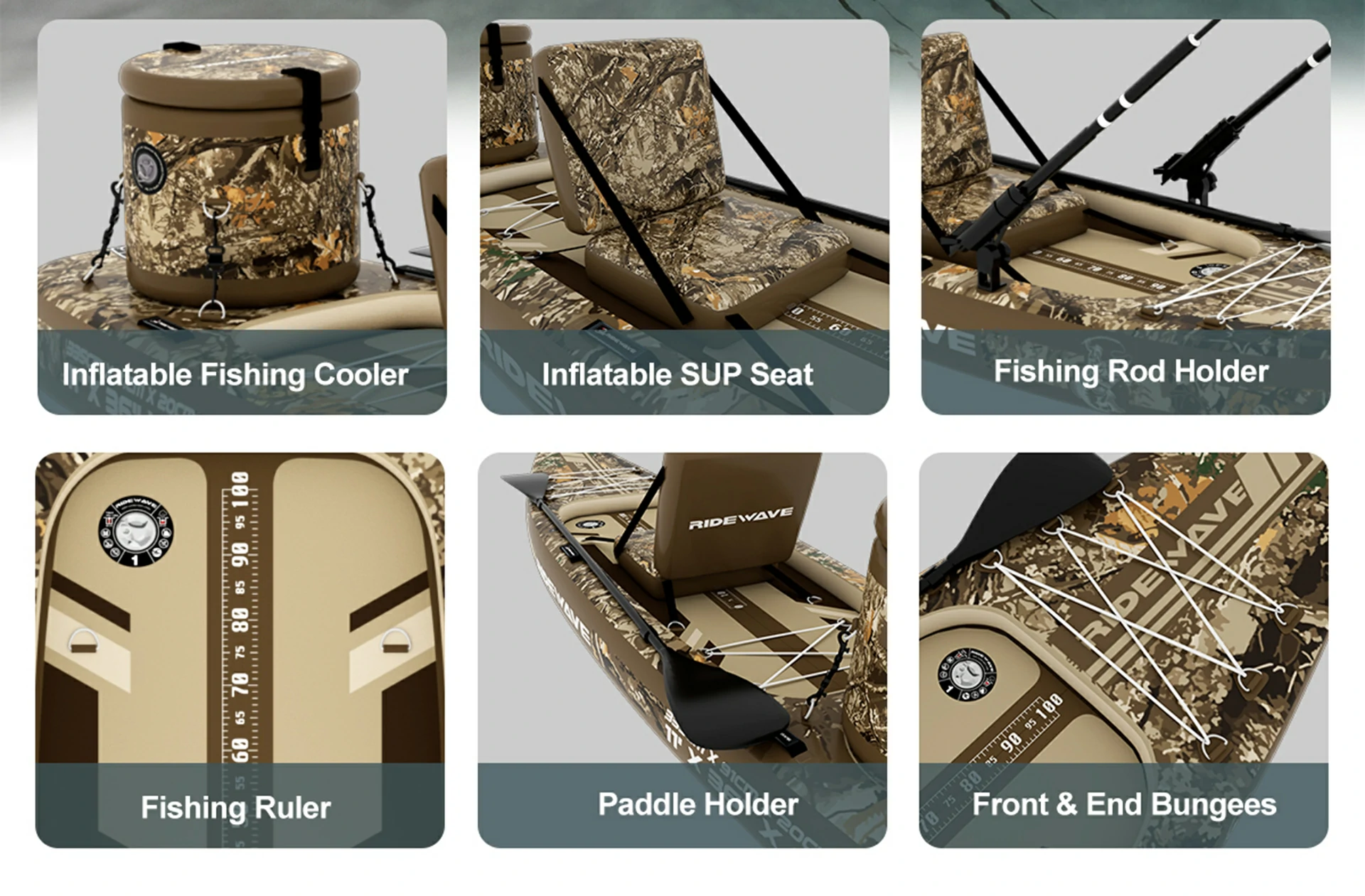 Modular mounting system on RIDEWAVE fishing SUP showing versatility for angling accessories Modular mounting system on RIDEWAVE fishing SUP showing versatility for angling accessories
