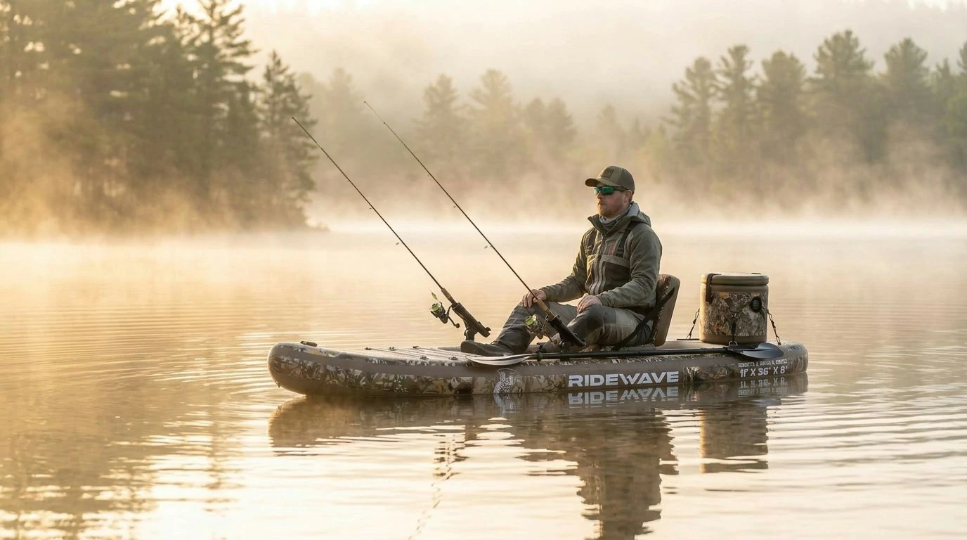 An angler demonstrating optimized storage capacity on a RIDEWAVE fishing SUP, showing secure cooler and fish finder mounts An angler demonstrating optimized storage capacity on a RIDEWAVE fishing SUP, showing secure cooler and fish finder mounts